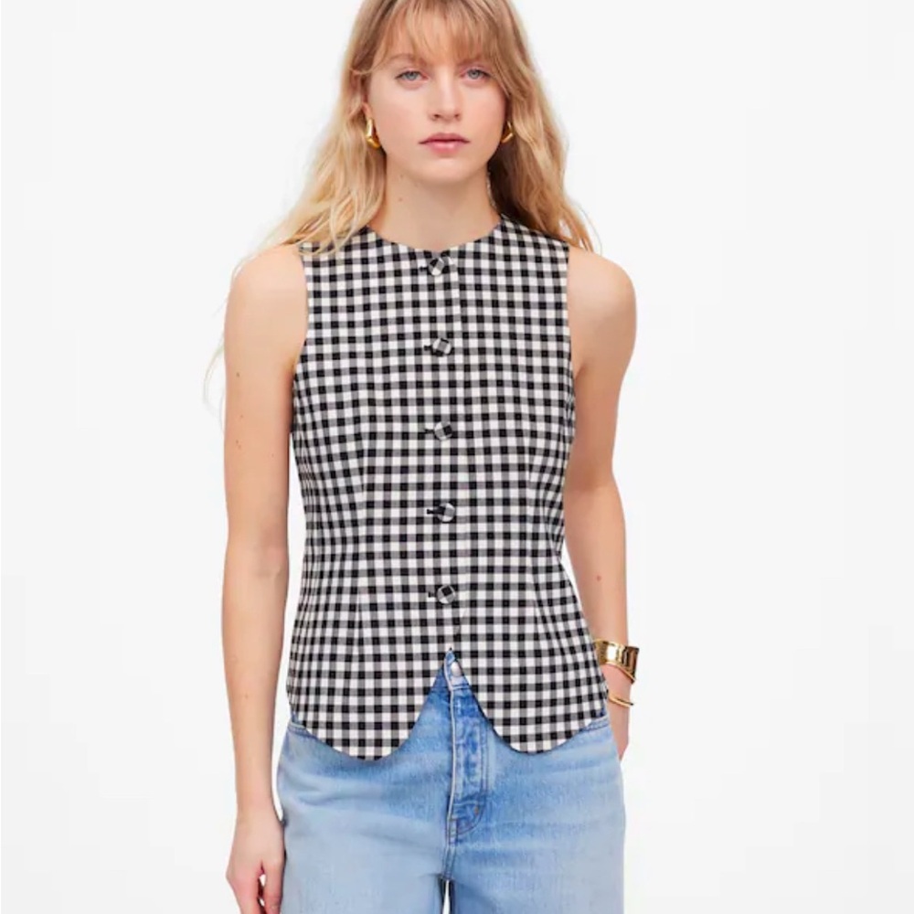 Madewell Gingham Single-Breasted Crewneck Vest